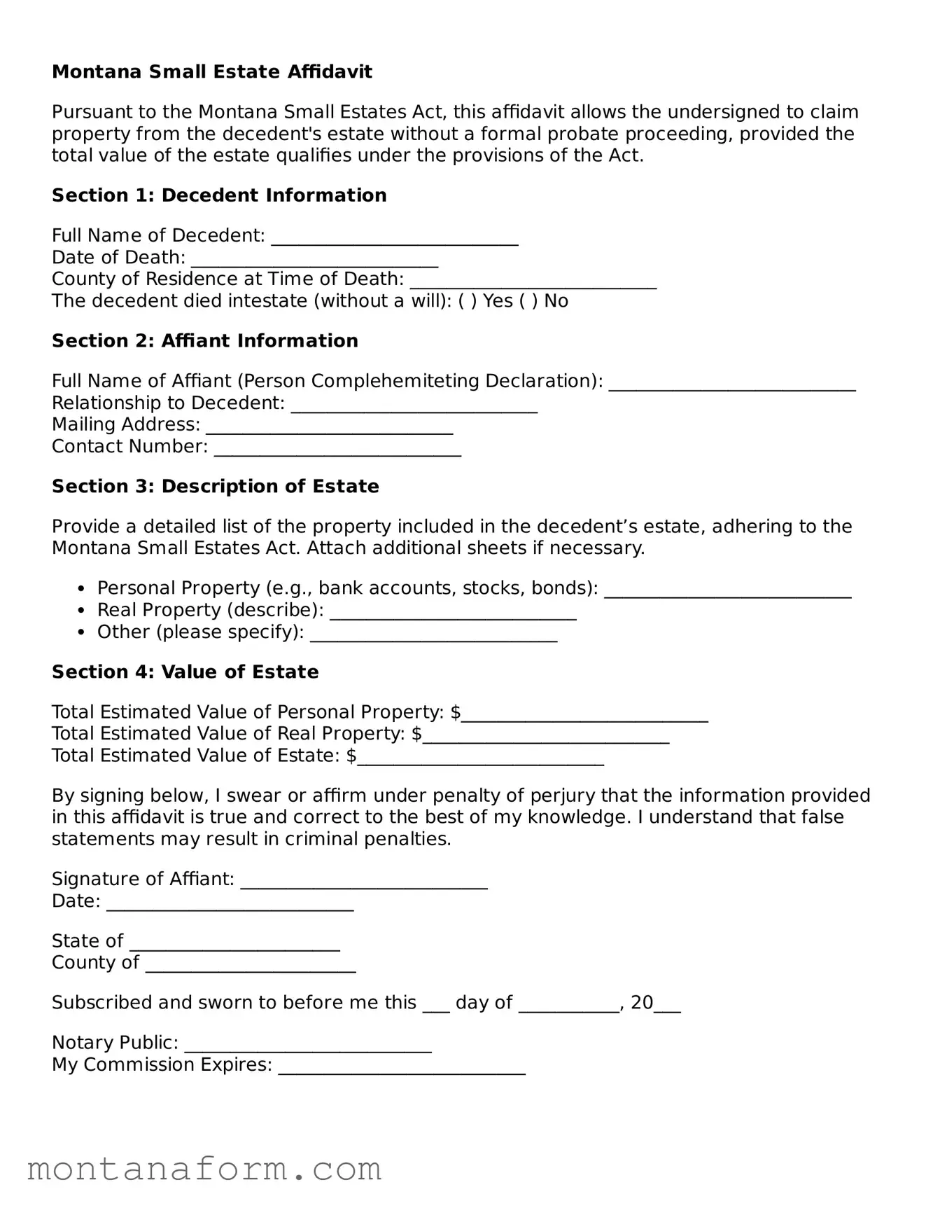 Blank  Small Estate Affidavit Form for Montana