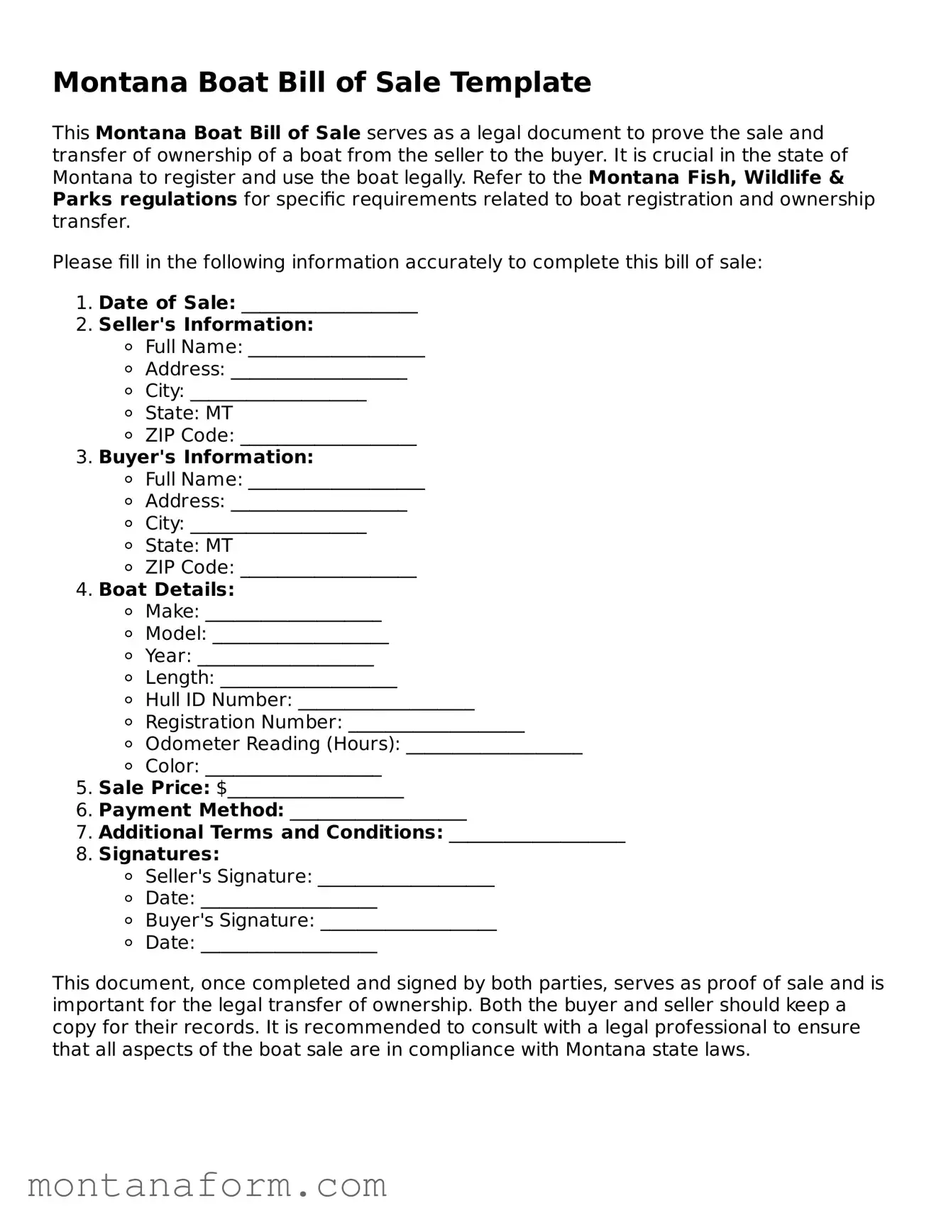 Blank  Boat Bill of Sale Form for Montana