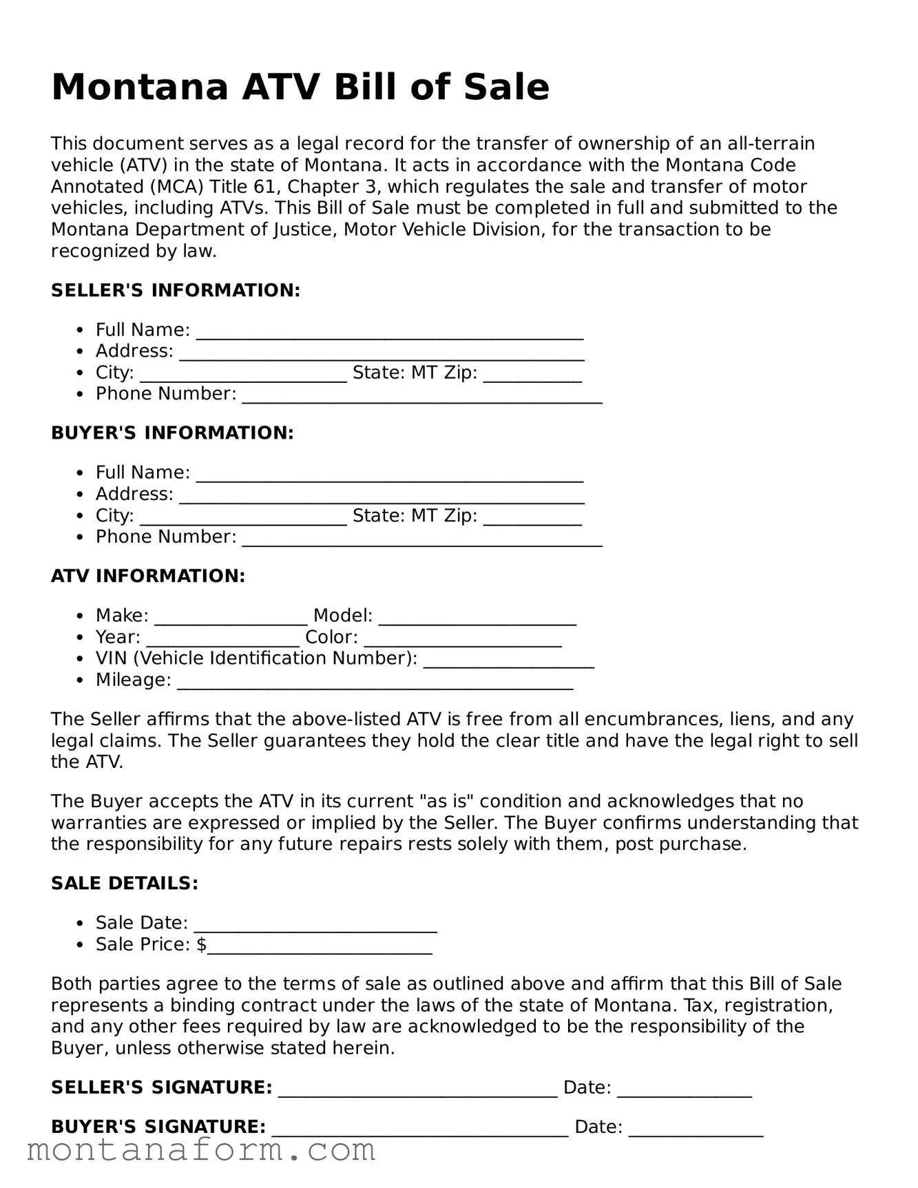 Blank  ATV Bill of Sale Form for Montana