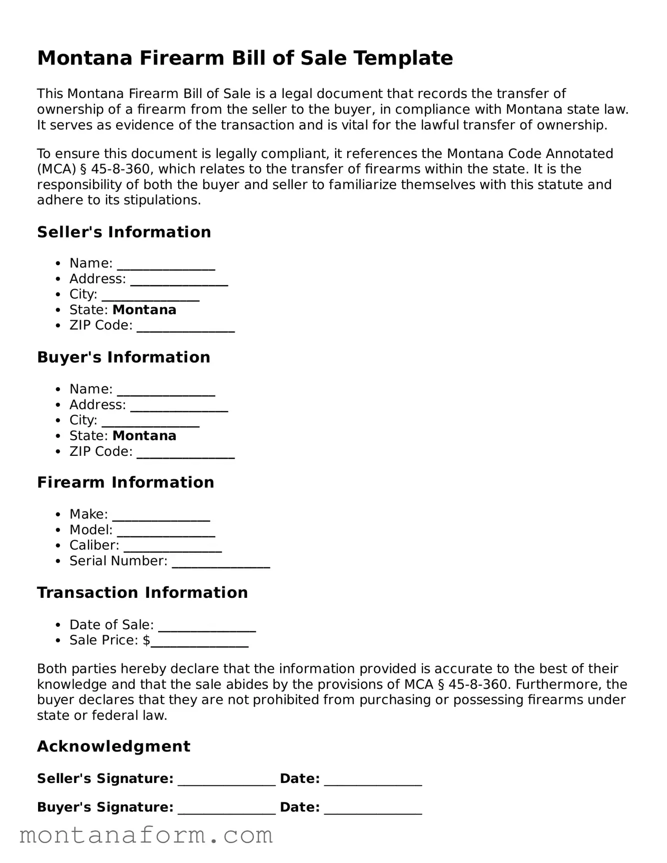 Blank  Firearm Bill of Sale Form for Montana