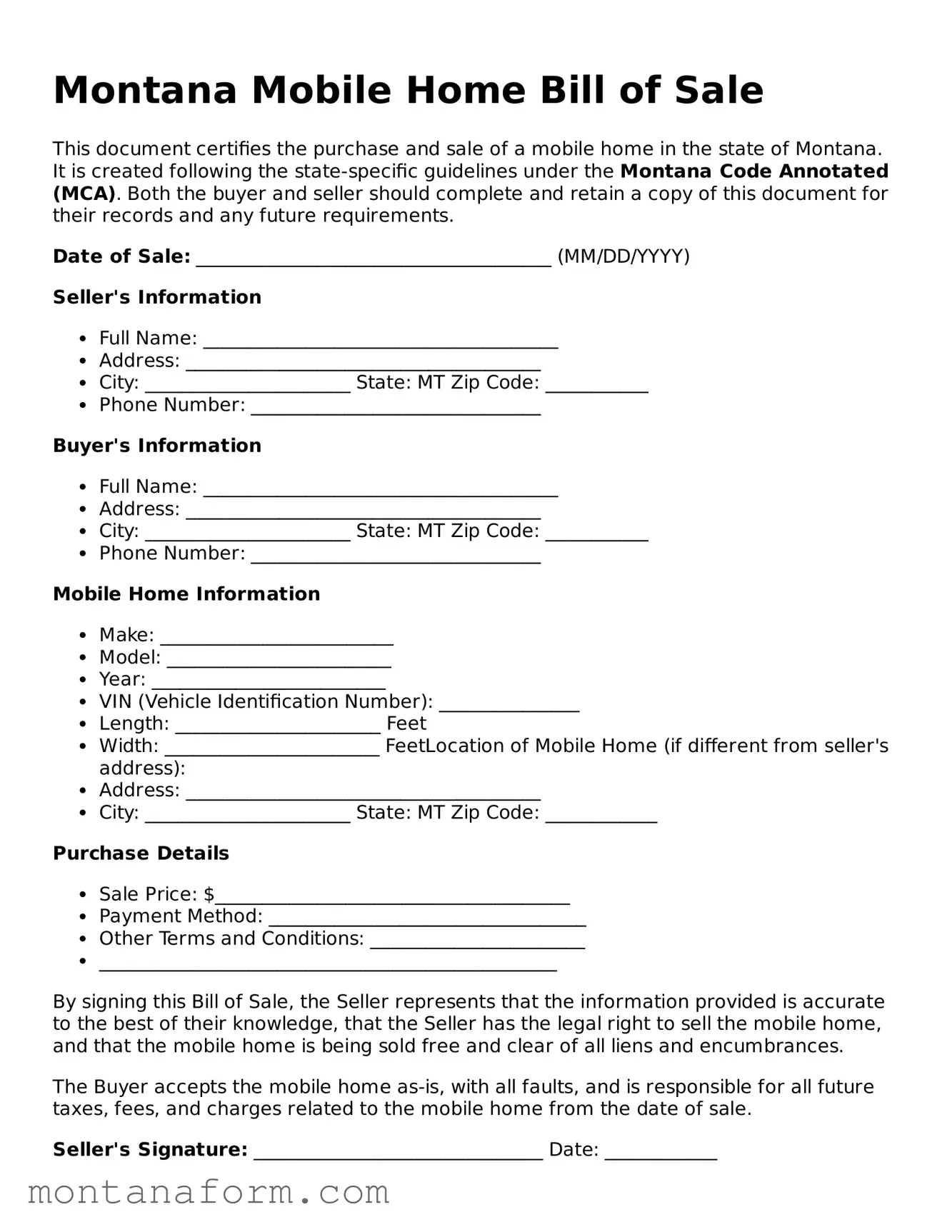Blank  Mobile Home Bill of Sale Form for Montana