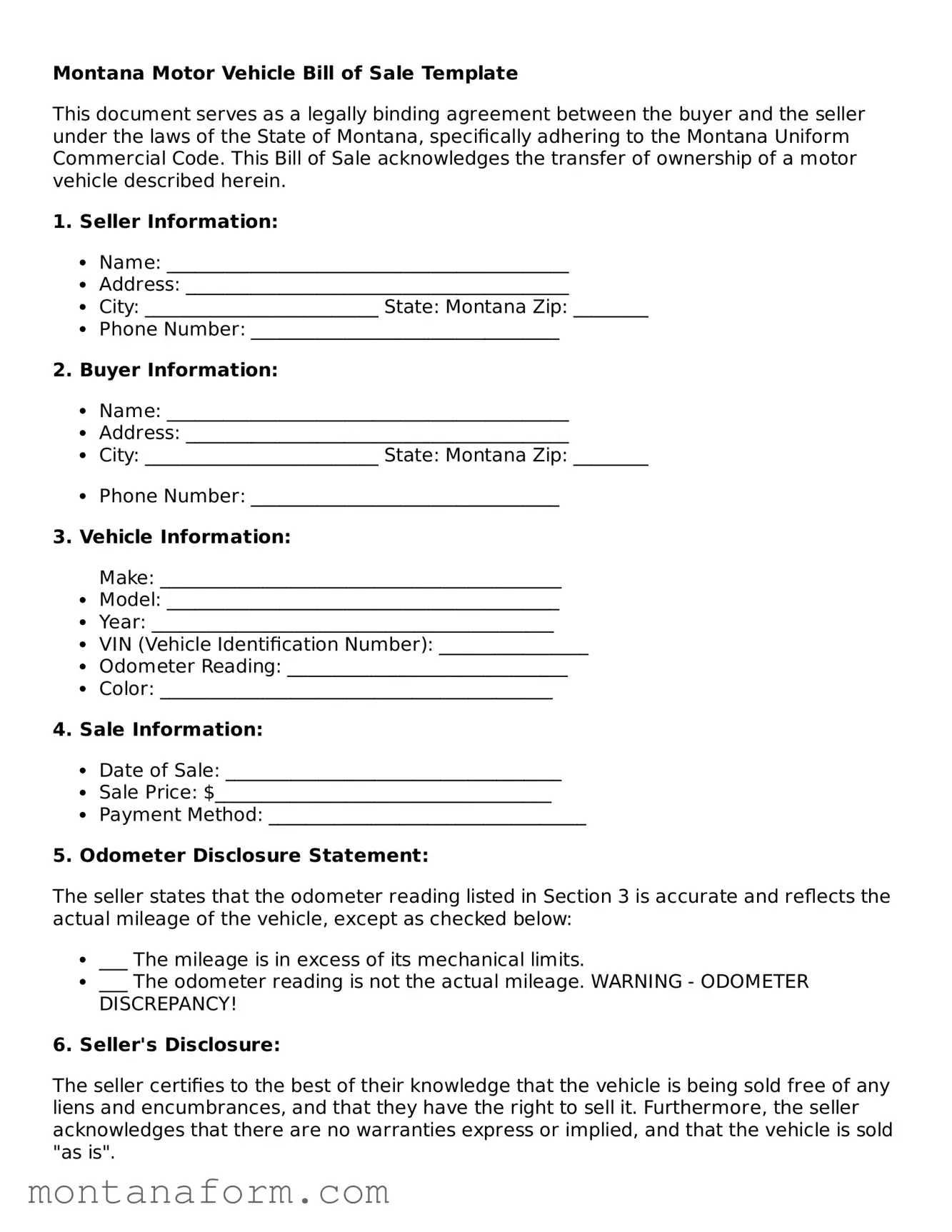 Blank  Motor Vehicle Bill of Sale Form for Montana