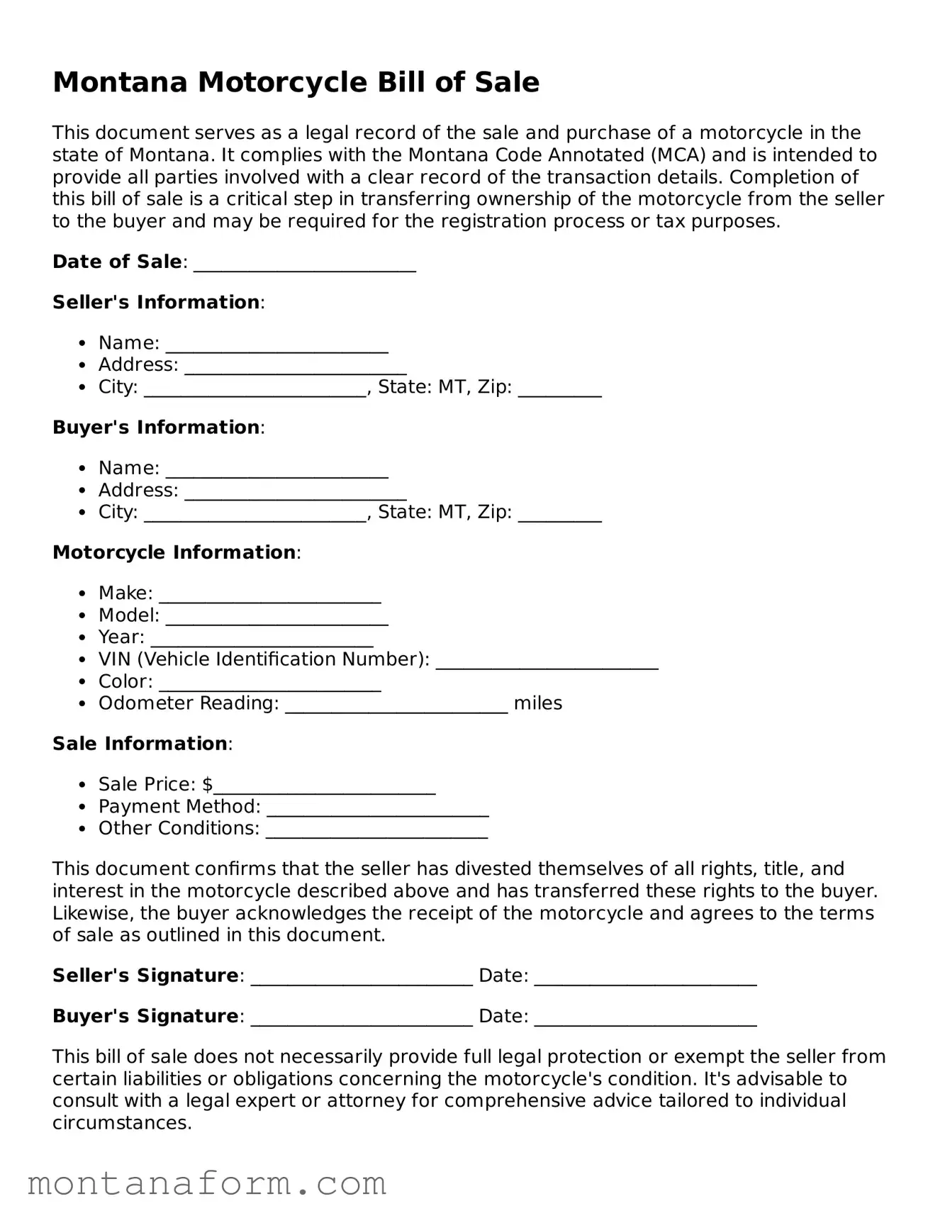 Blank  Motorcycle Bill of Sale Form for Montana