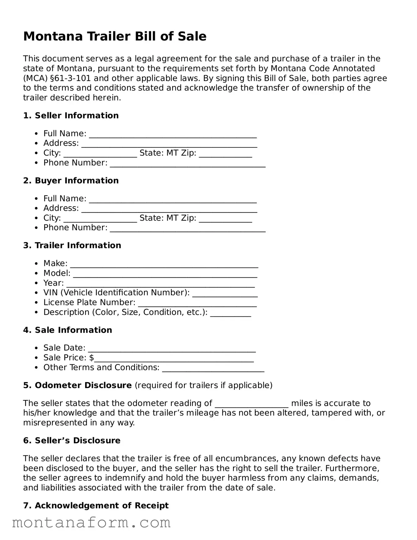 Blank  Trailer Bill of Sale Form for Montana