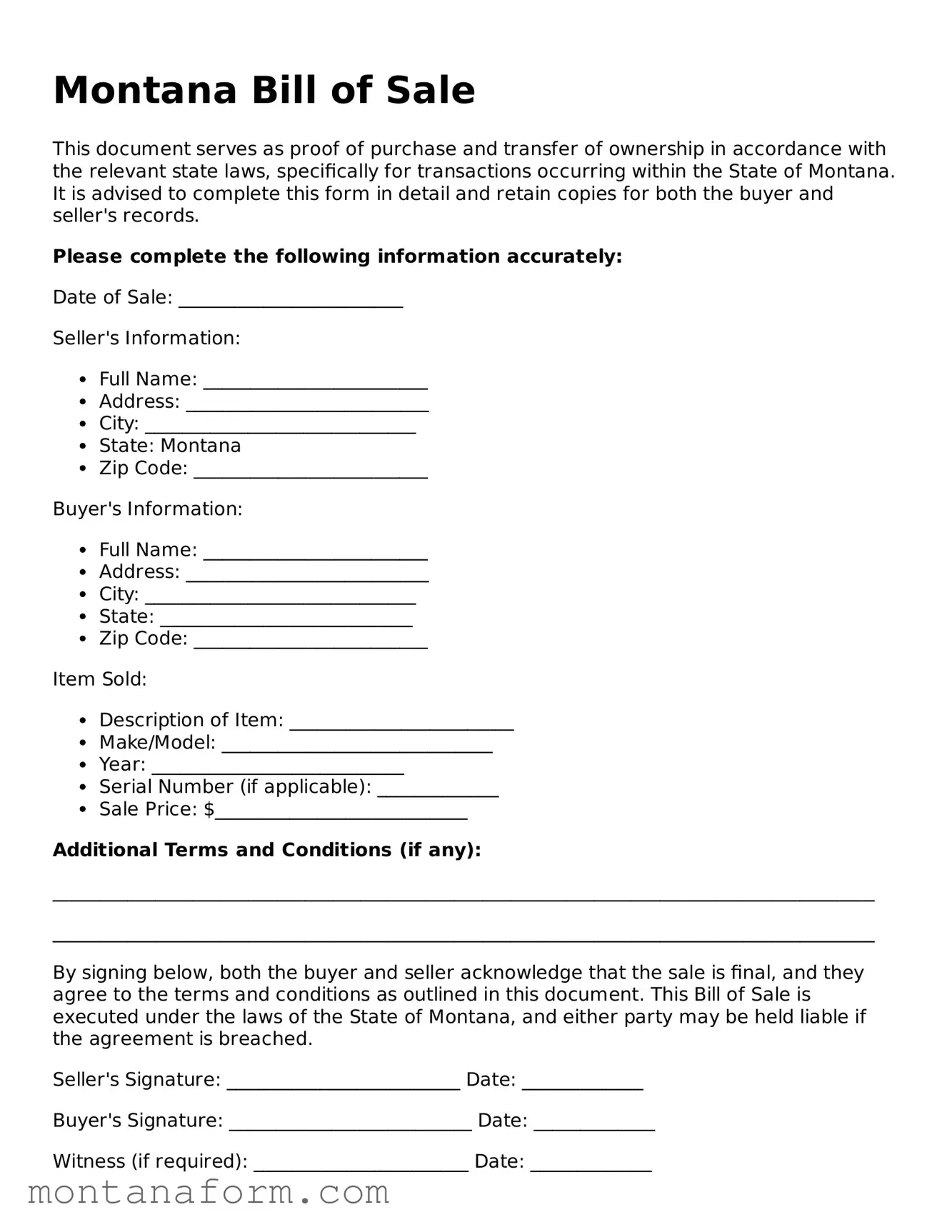Blank  Bill of Sale Form for Montana