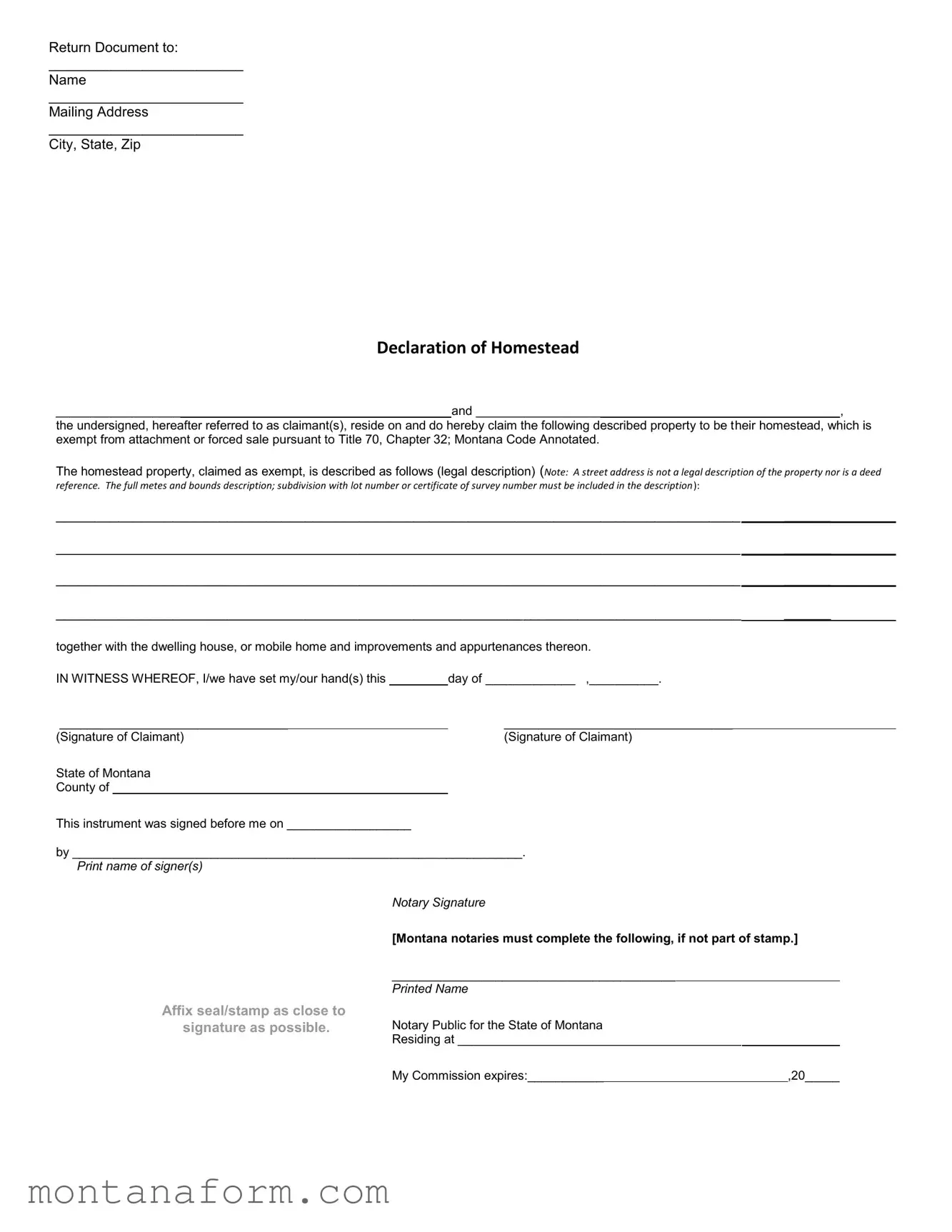 Fill in Your Montana Declaration Homestead Form