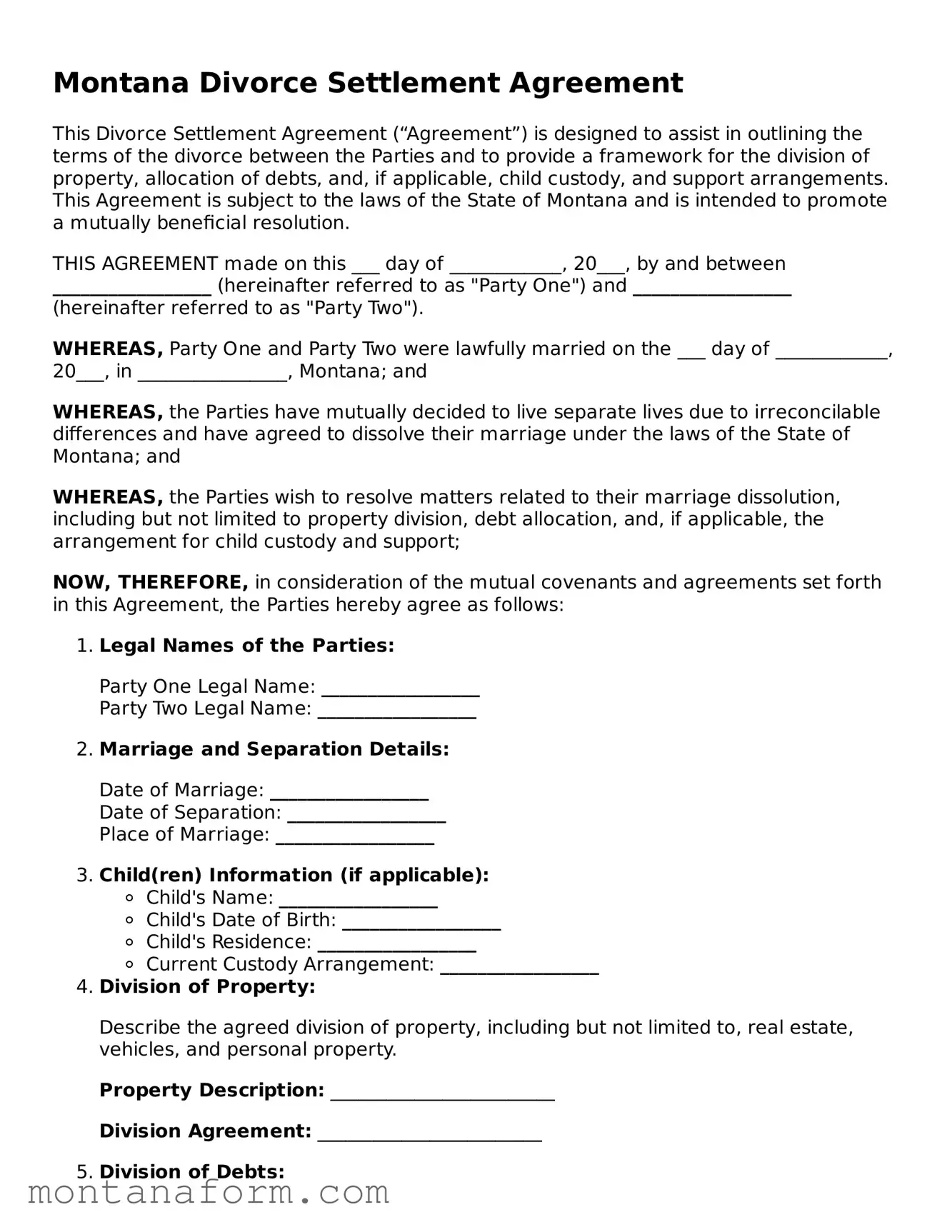 Blank  Divorce Settlement Agreement Form for Montana