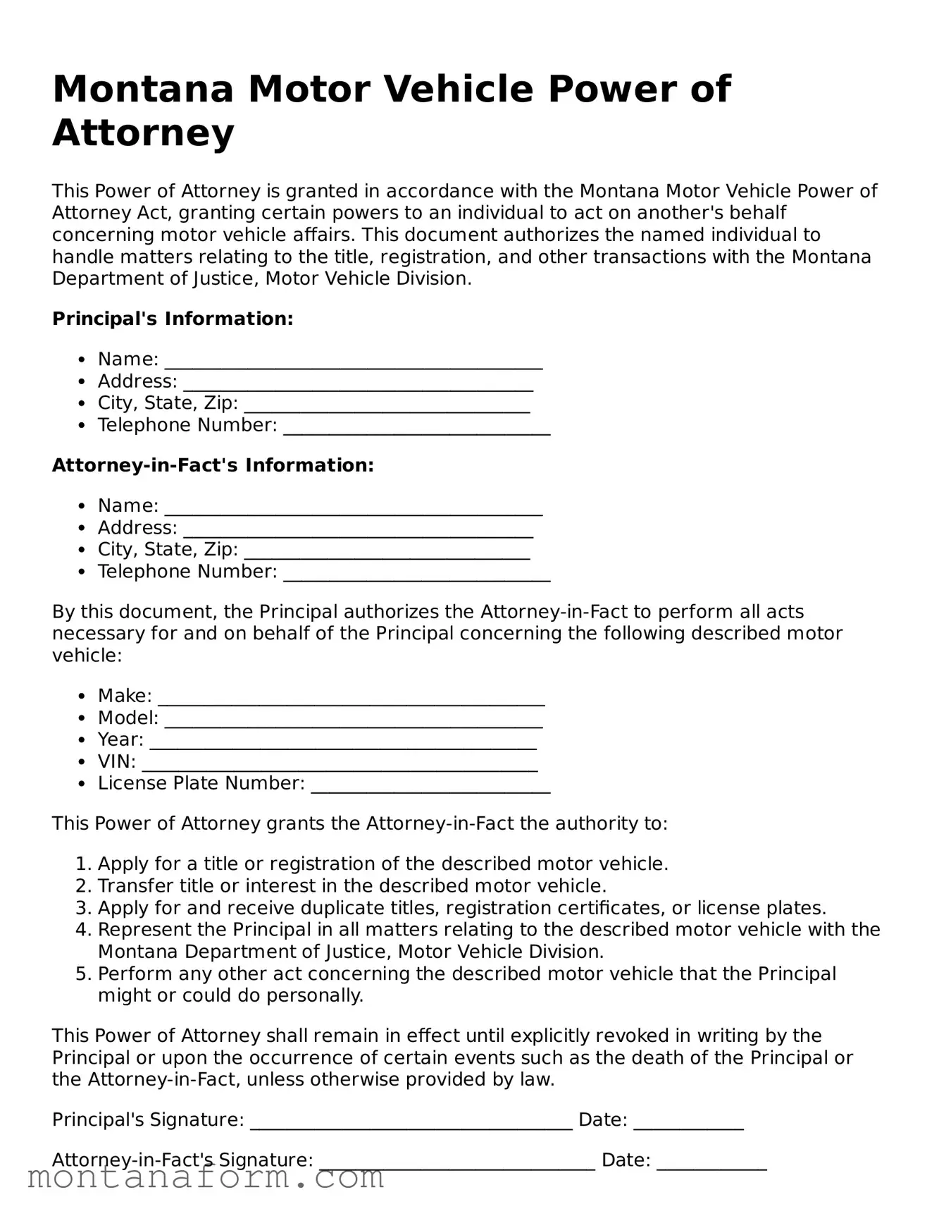 Blank  Motor Vehicle Power of Attorney Form for Montana