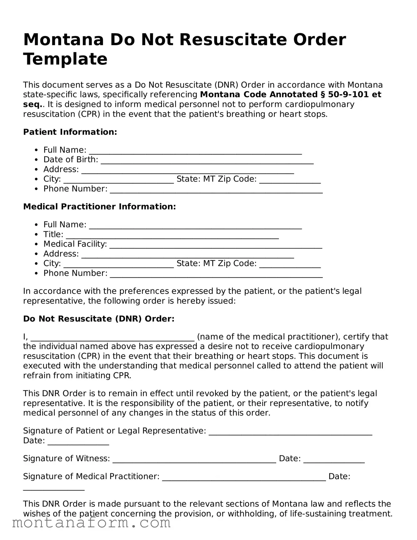 Blank  Do Not Resuscitate Order Form for Montana