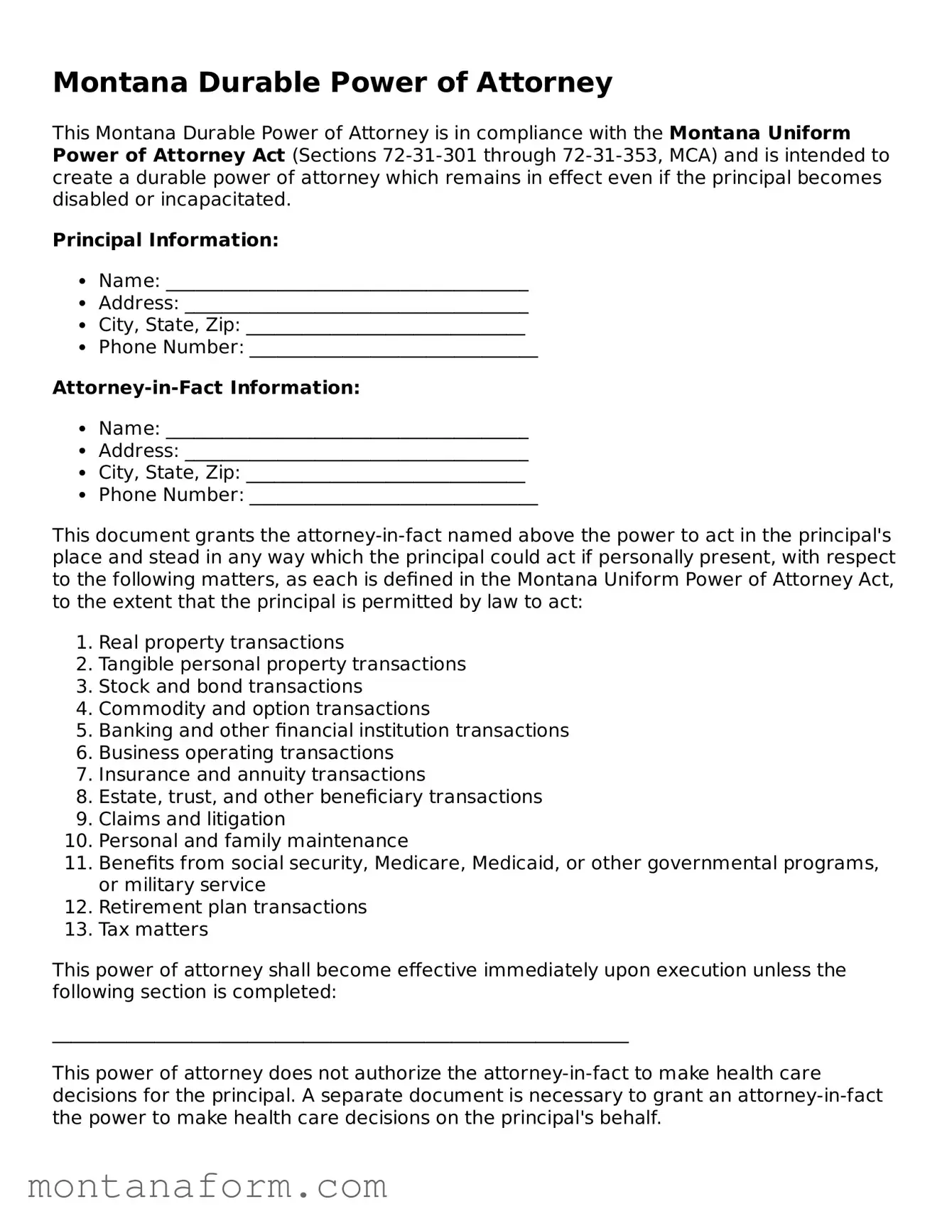 Blank  Durable Power of Attorney Form for Montana