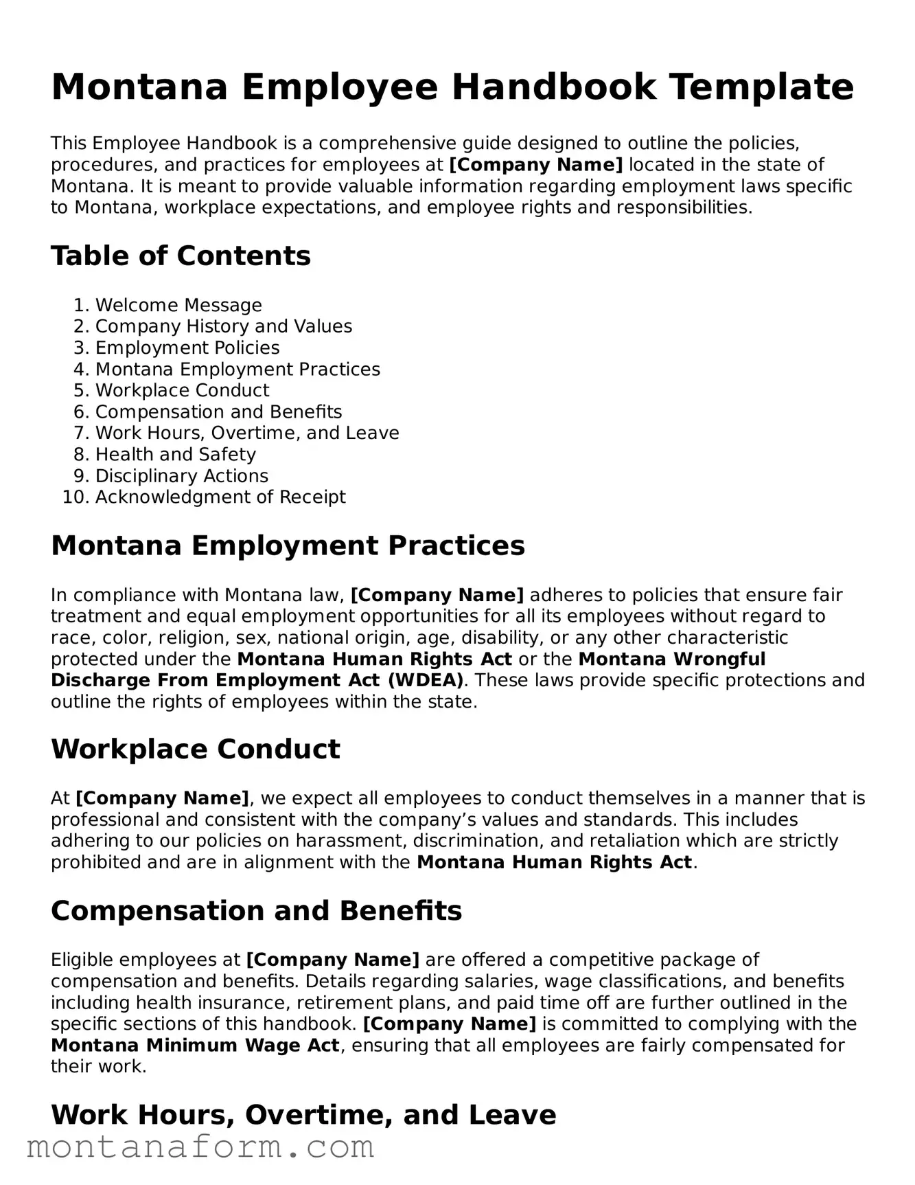 Blank  Employee Handbook Form for Montana