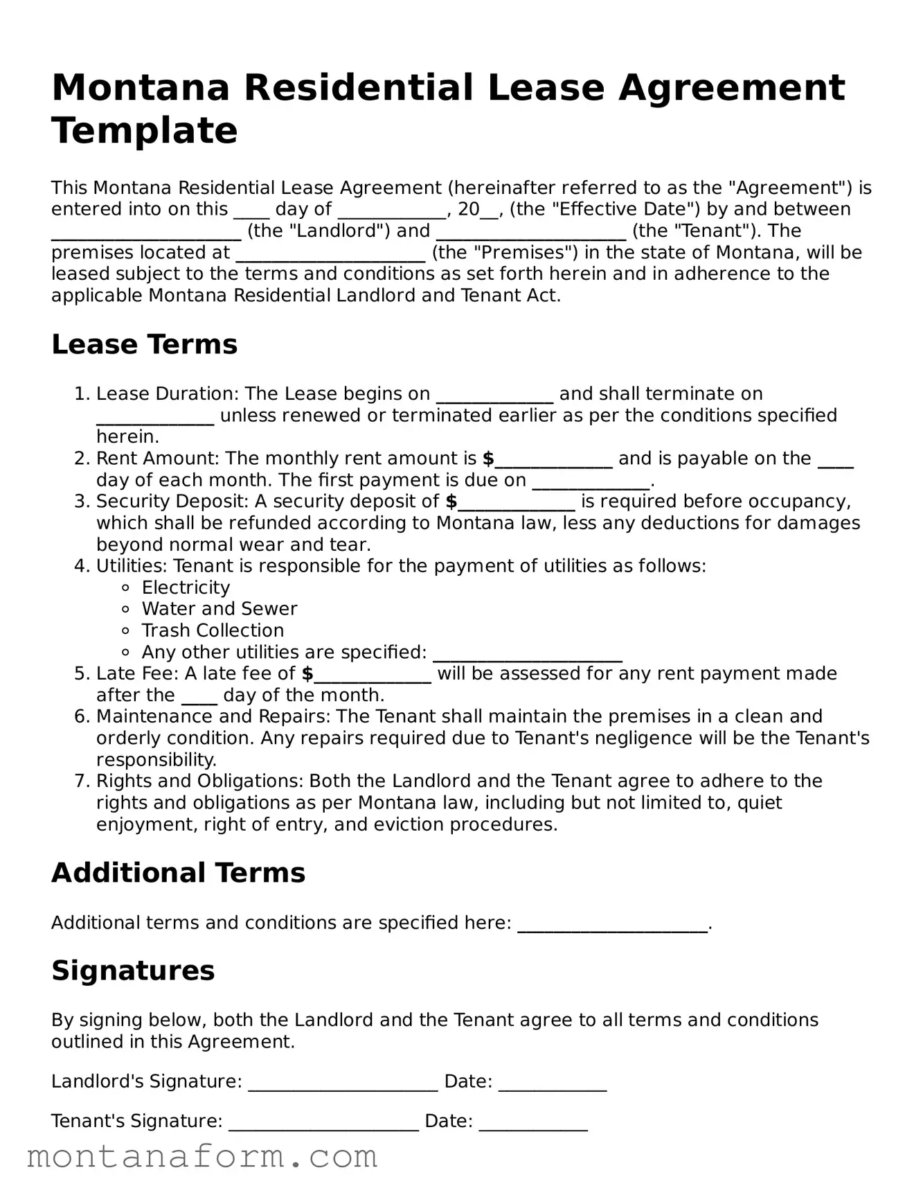Blank  Residential Lease Agreement Form for Montana