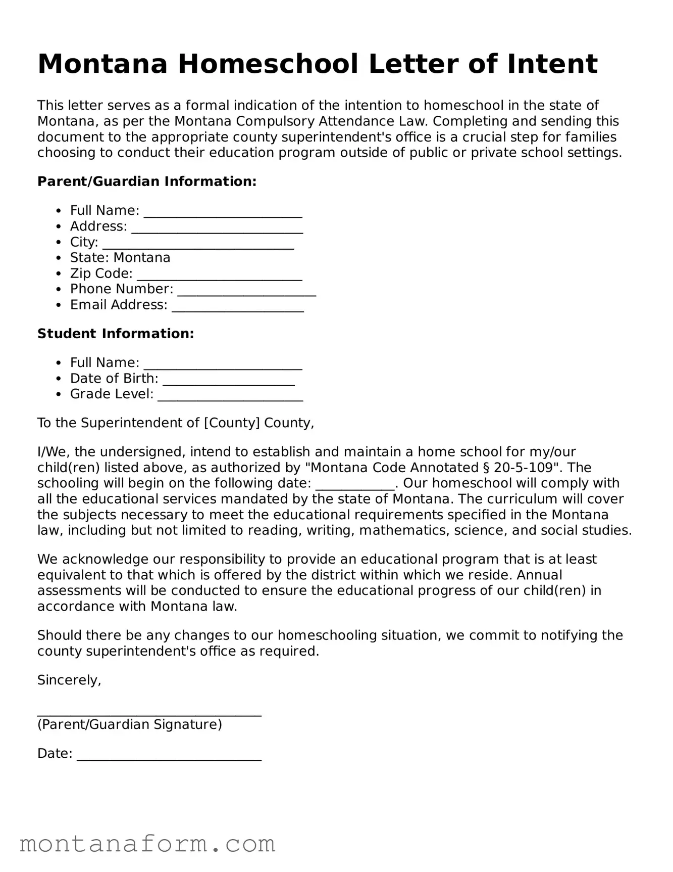 Blank  Homeschool Letter of Intent Form for Montana
