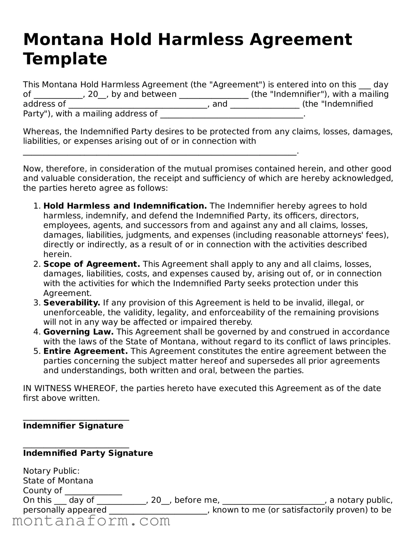 Blank  Hold Harmless Agreement Form for Montana