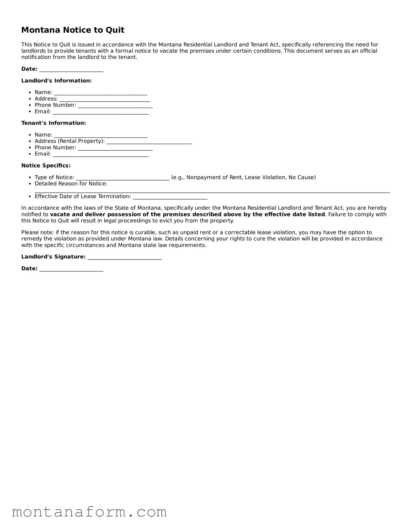 Blank  Notice to Quit Form for Montana