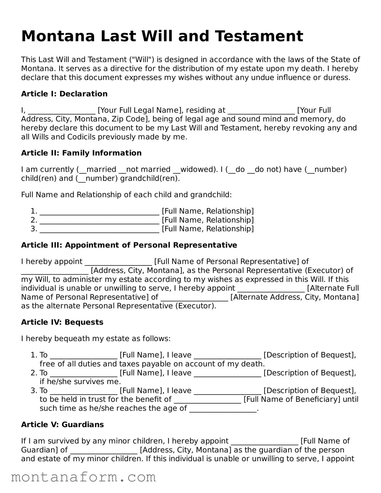 Blank  Last Will and Testament Form for Montana