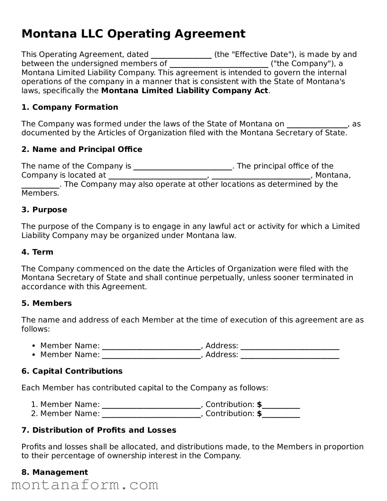 Blank  Operating Agreement Form for Montana