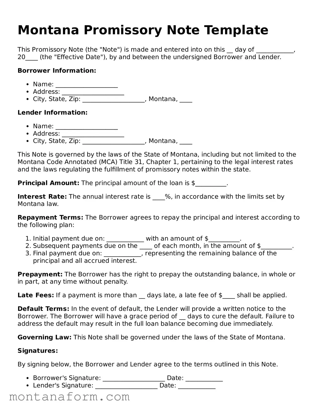 Blank  Promissory Note Form for Montana