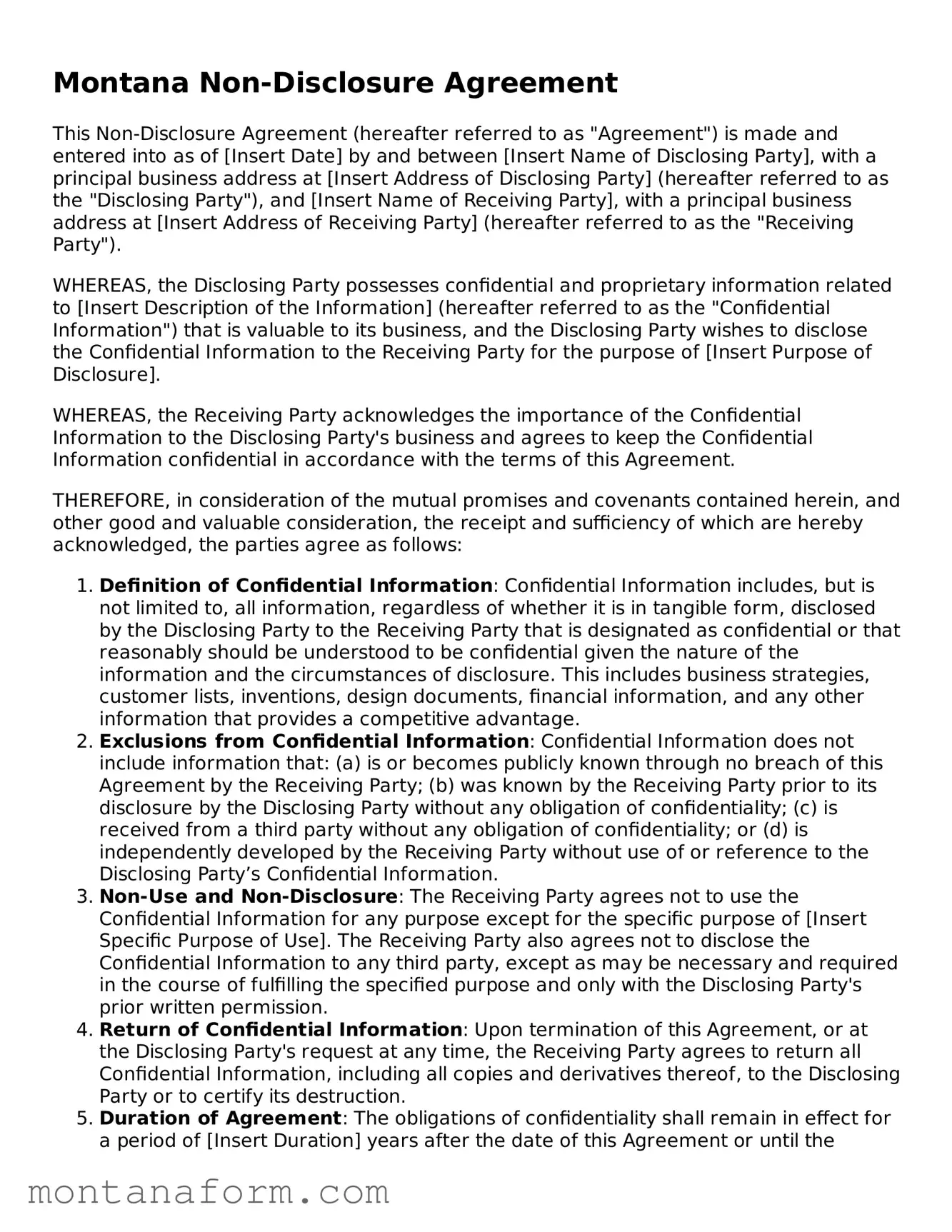 Blank  Non-disclosure Agreement Form for Montana