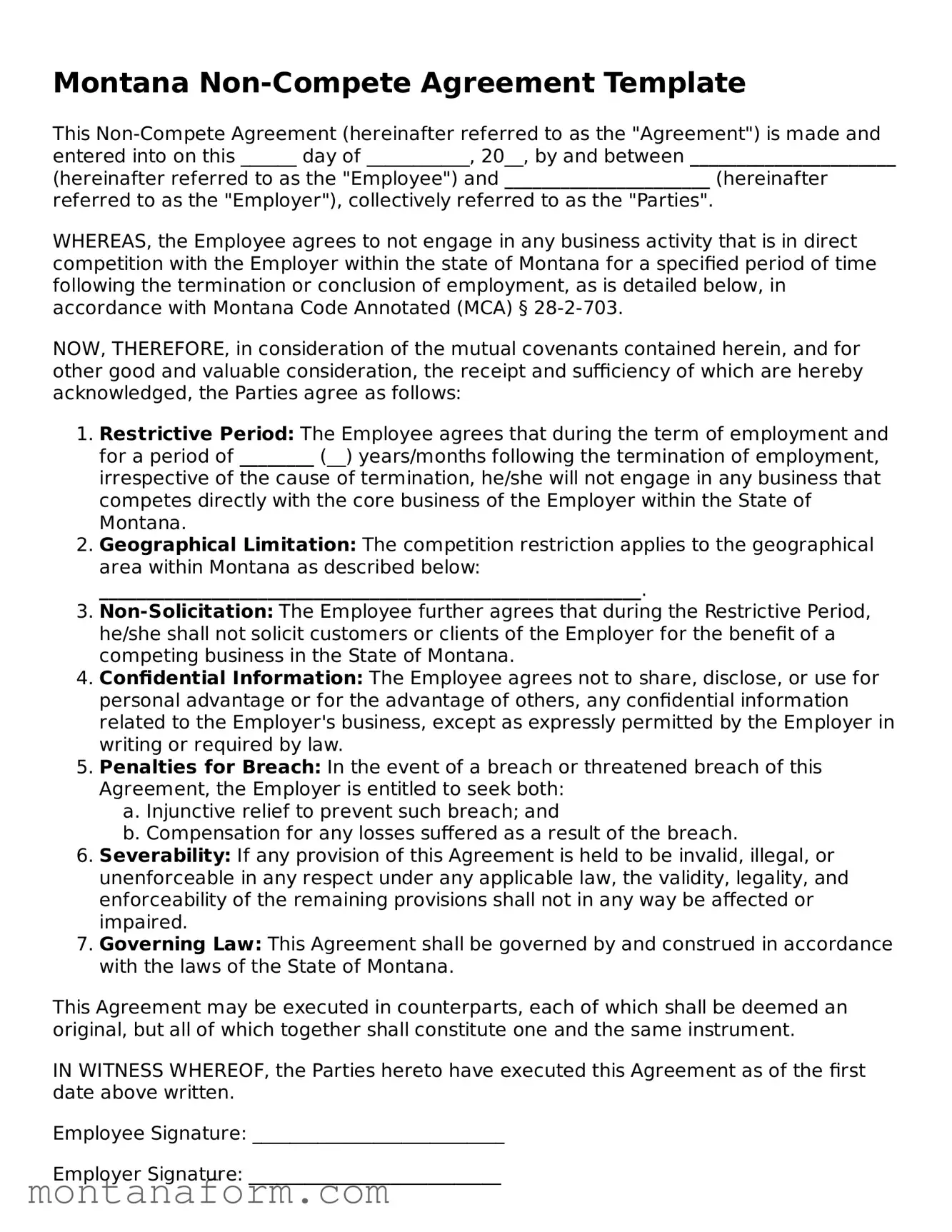 Blank  Non-compete Agreement Form for Montana