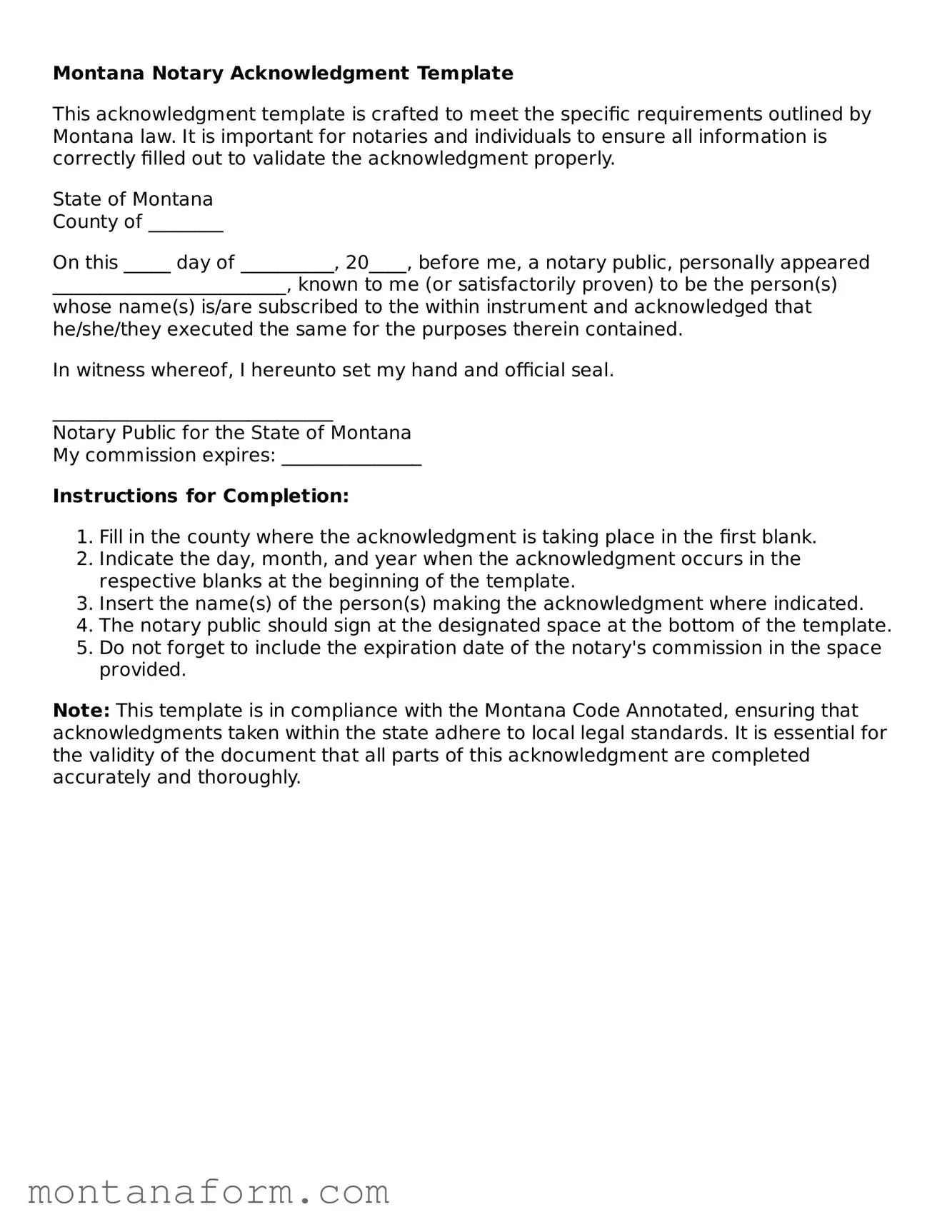 Blank  Notary Acknowledgement Form for Montana