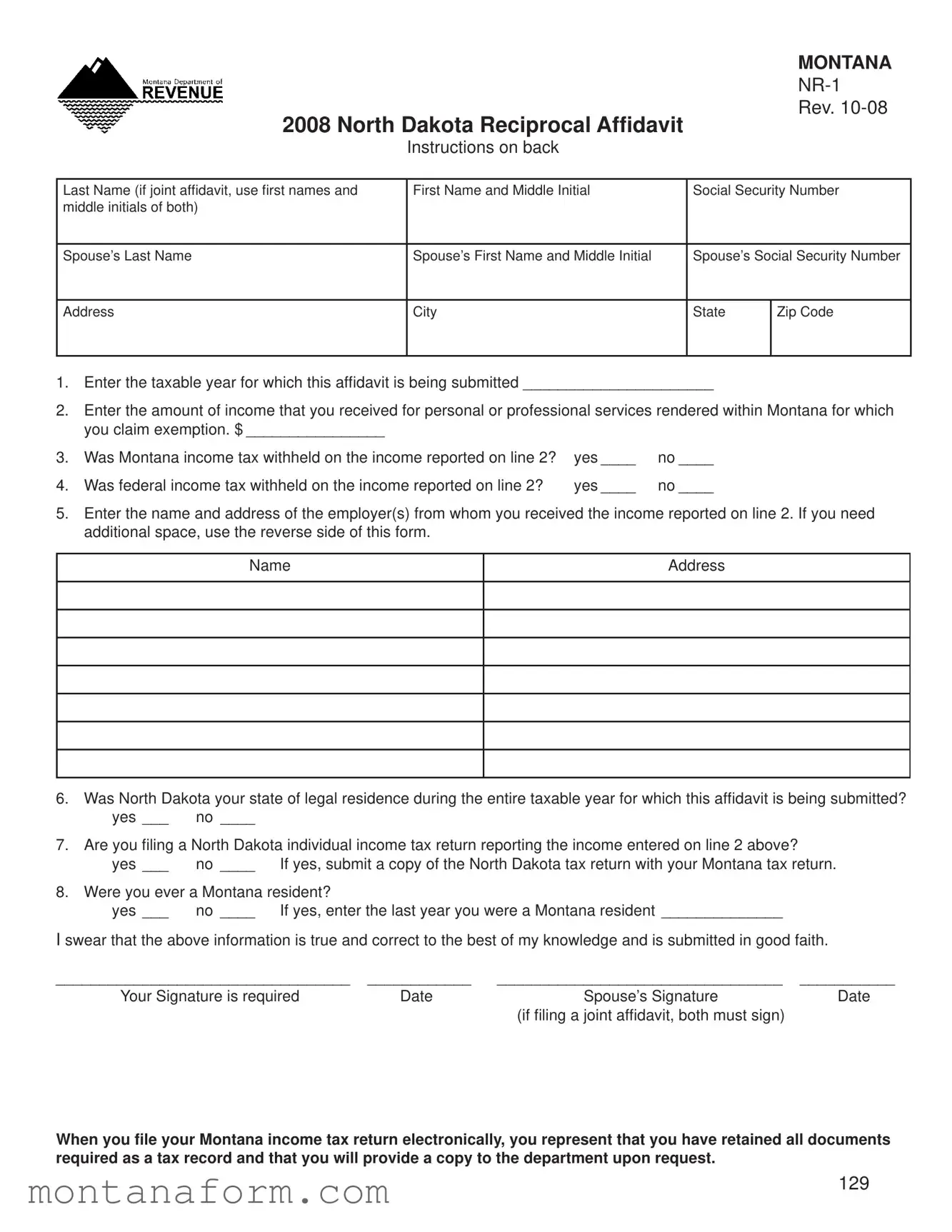 Fill in Your Montana Nr 1 Form