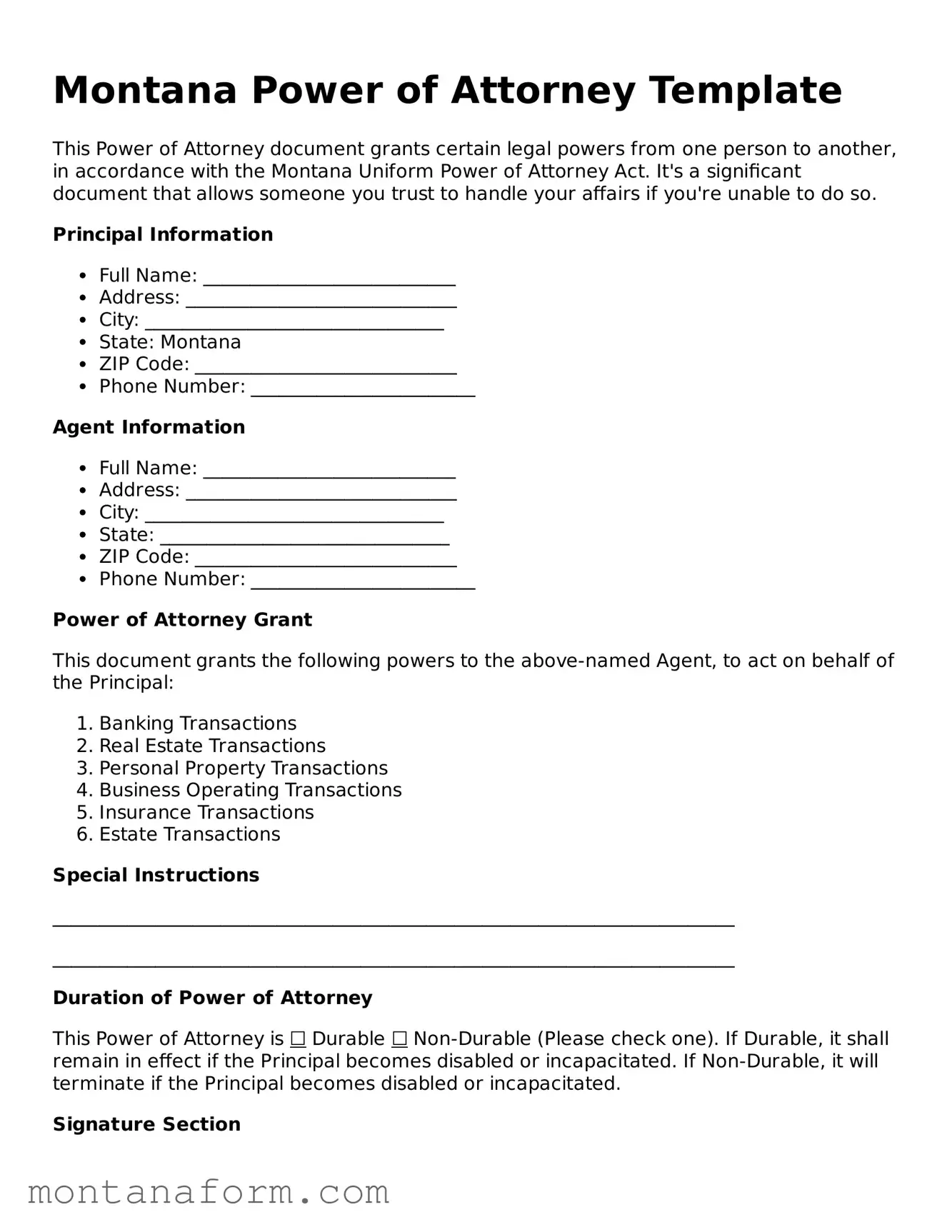Blank  Power of Attorney Form for Montana