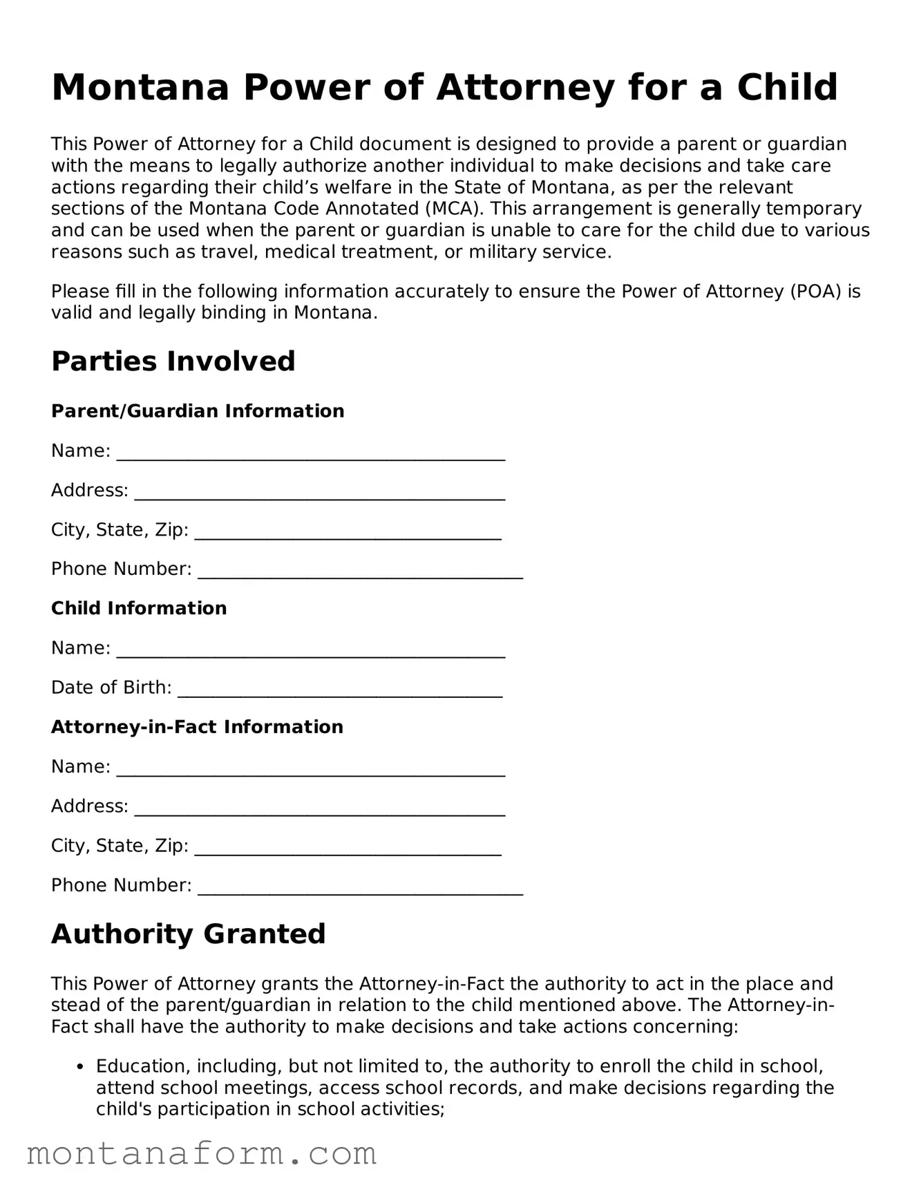 Blank  Power of Attorney for a Child Form for Montana