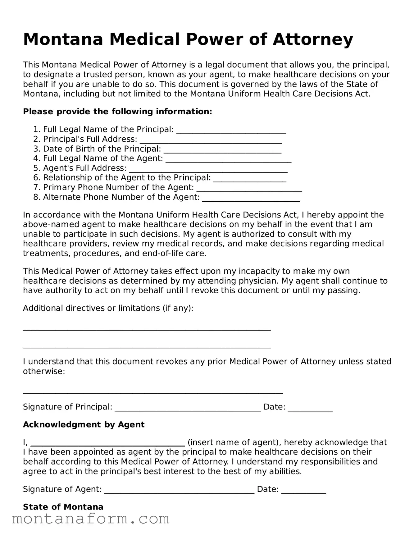 Blank  Medical Power of Attorney Form for Montana