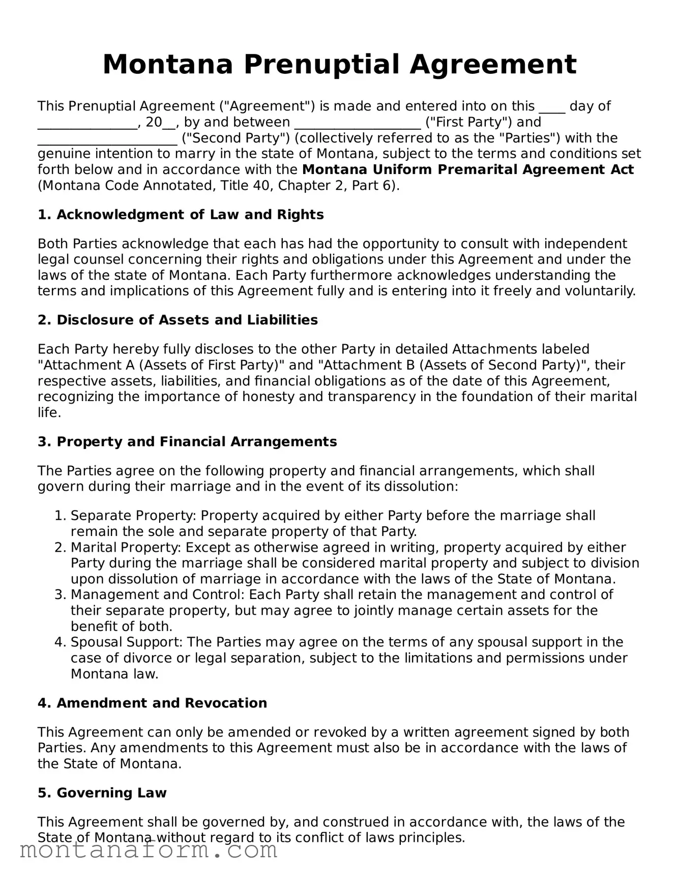 Blank  Prenuptial Agreement Form for Montana