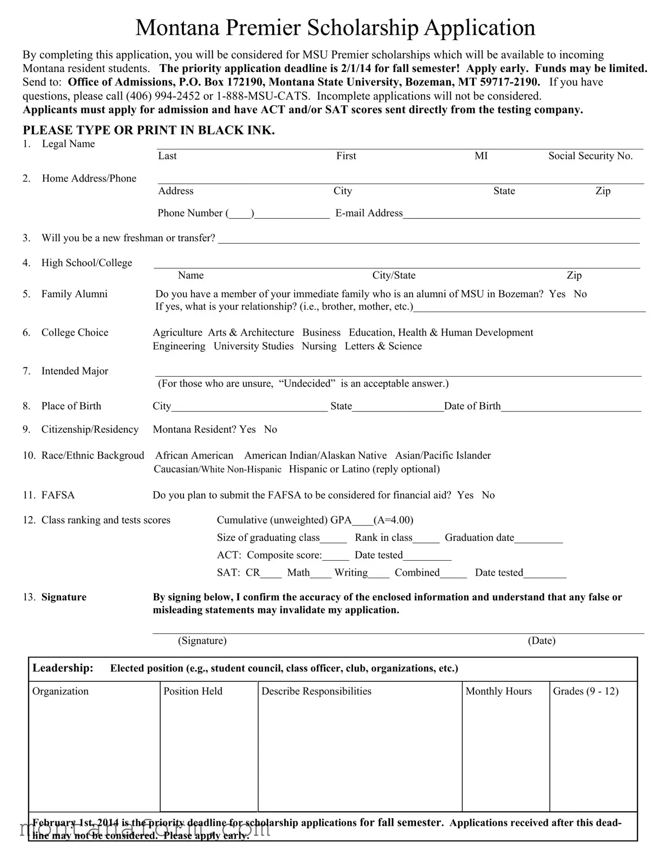 Fill in Your Montana Premier Scholarship Form