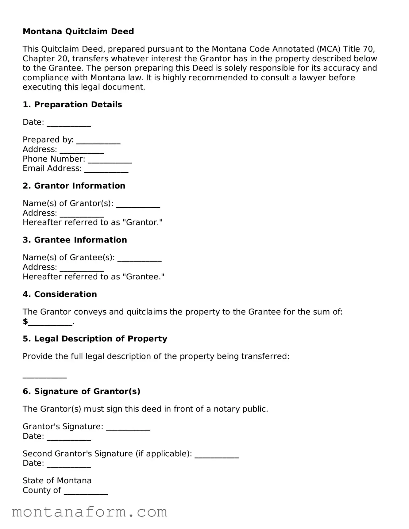 Blank  Quitclaim Deed Form for Montana