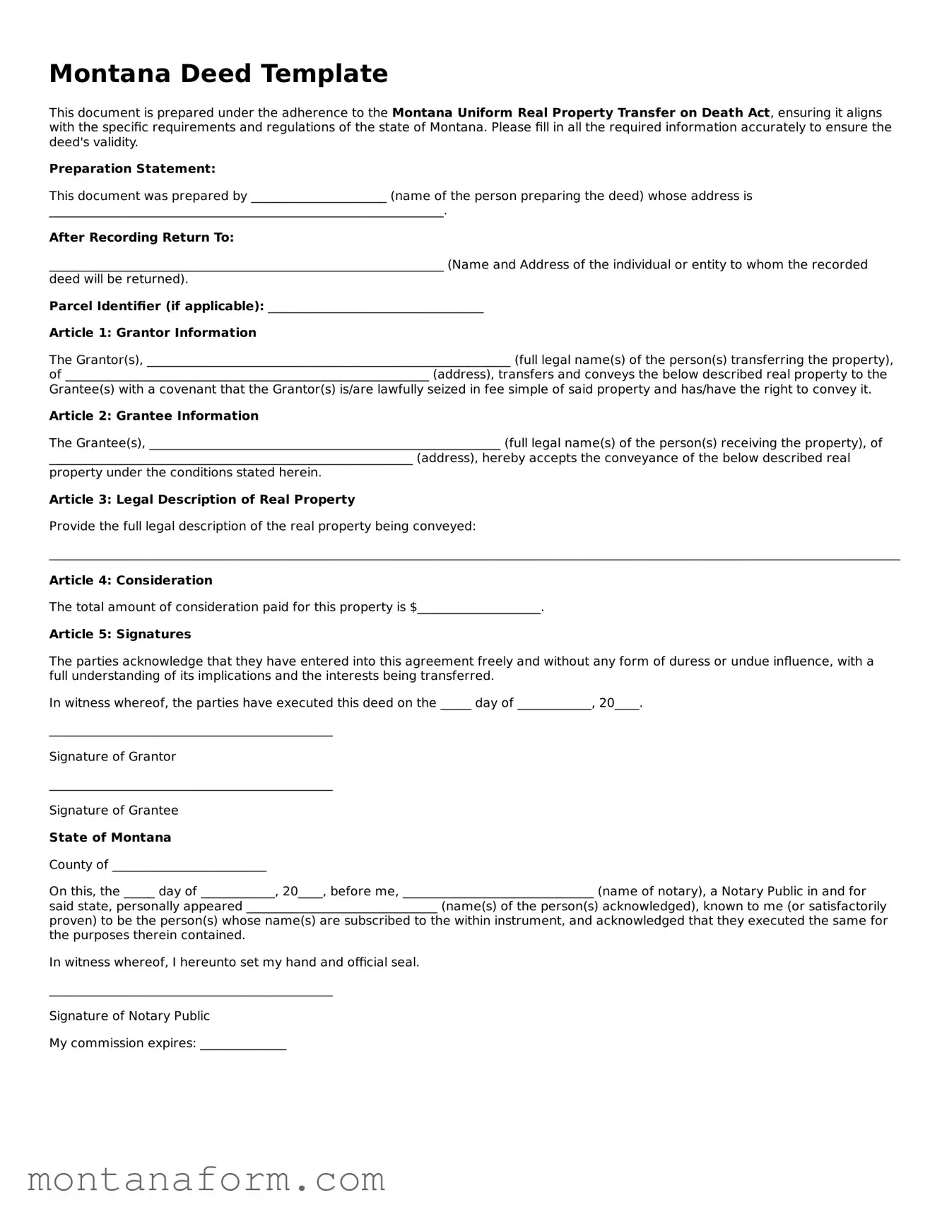 Blank  Deed Form for Montana