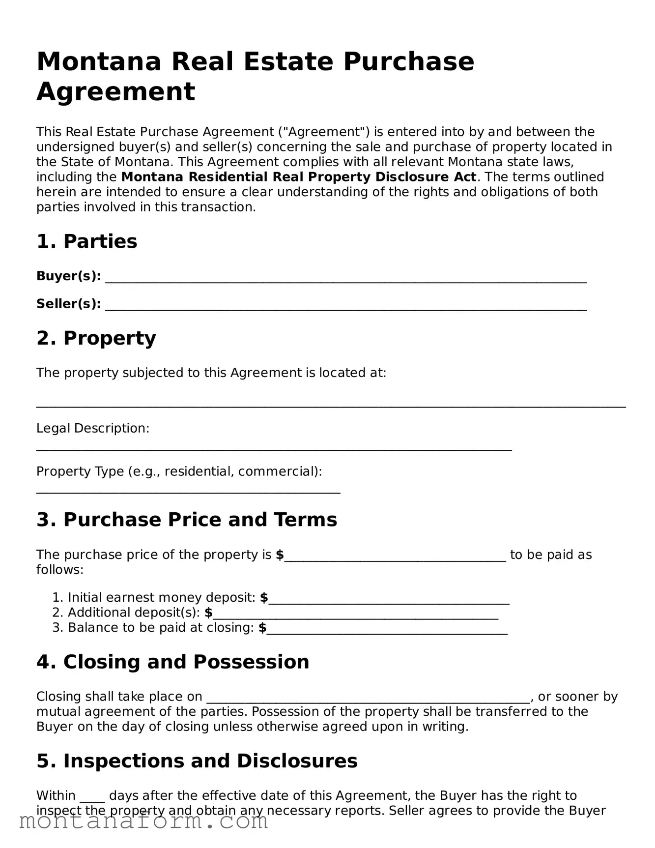 Blank  Real Estate Purchase Agreement Form for Montana