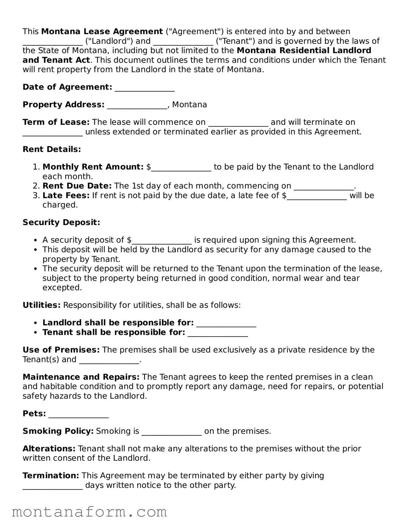 Blank  Lease Agreement Form for Montana