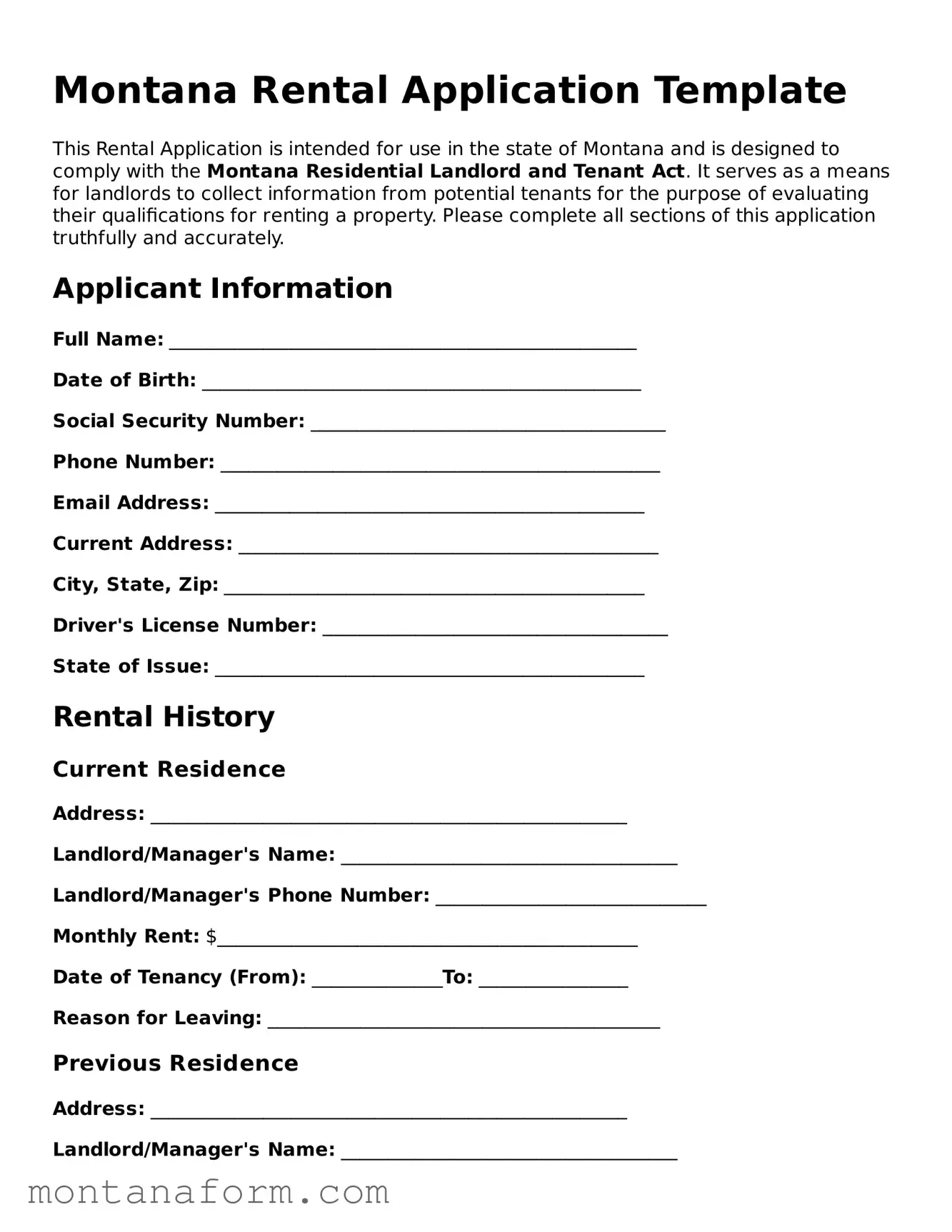Blank  Rental Application Form for Montana
