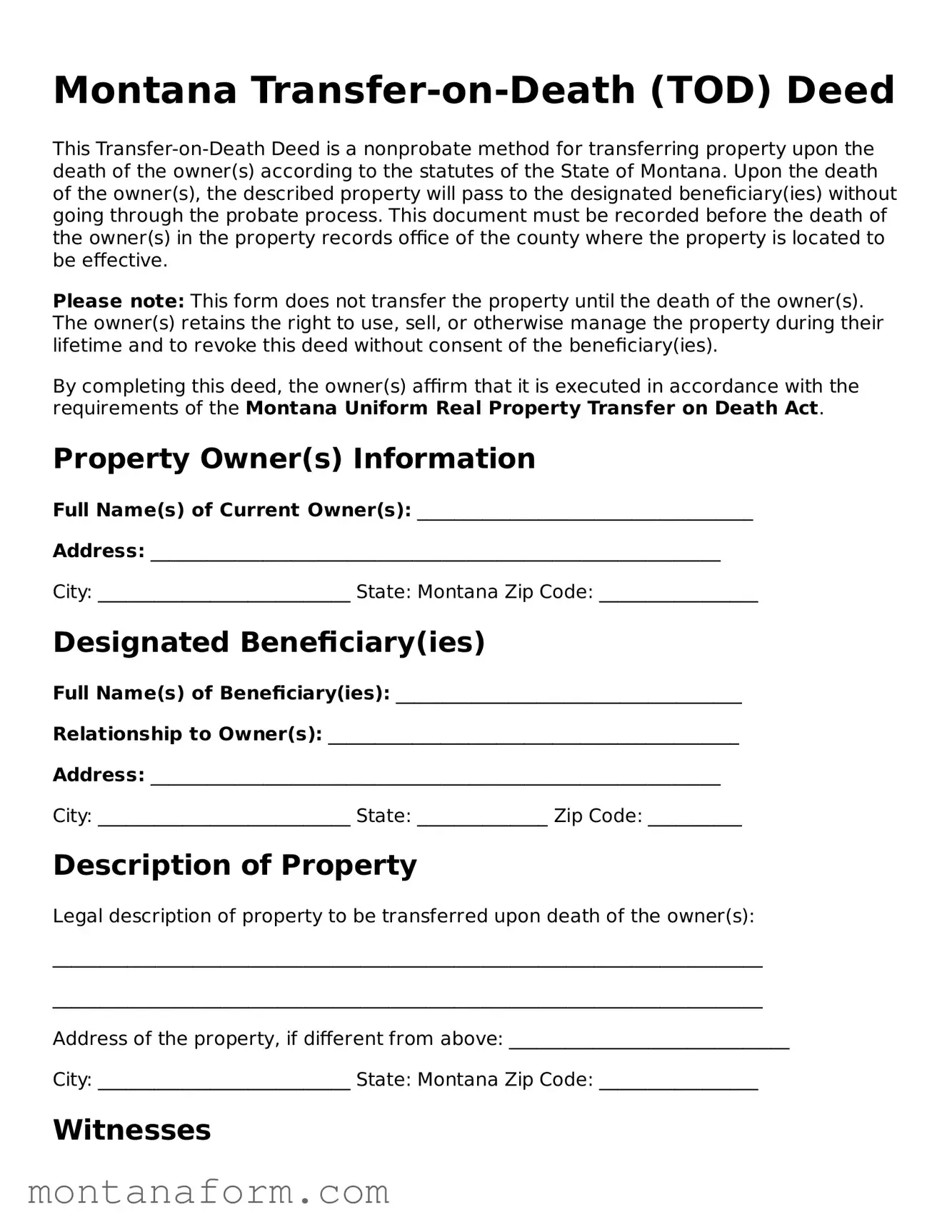 Blank  Transfer-on-Death Deed Form for Montana