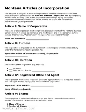 Blank  Articles of Incorporation Form for Montana