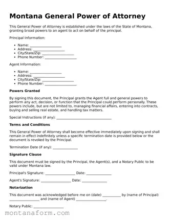 Blank  General Power of Attorney Form for Montana