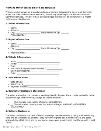 Blank  Motor Vehicle Bill of Sale Form for Montana