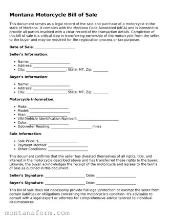 Blank  Motorcycle Bill of Sale Form for Montana