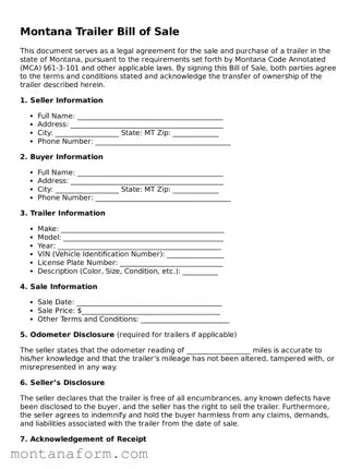 Blank  Trailer Bill of Sale Form for Montana