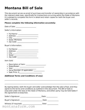 Blank  Bill of Sale Form for Montana