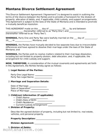 Blank  Divorce Settlement Agreement Form for Montana