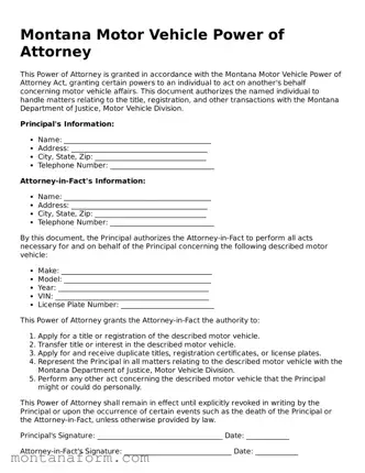 Blank  Motor Vehicle Power of Attorney Form for Montana