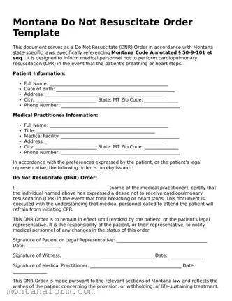 Blank  Do Not Resuscitate Order Form for Montana