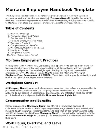 Blank  Employee Handbook Form for Montana