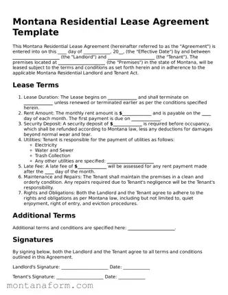 Blank  Residential Lease Agreement Form for Montana