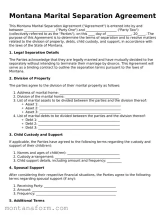 Blank  Marital Separation Agreement Form for Montana