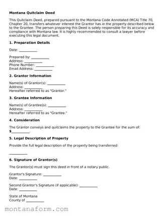 Blank  Quitclaim Deed Form for Montana